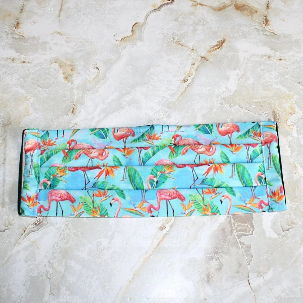 HAND CRAFTED Face Mask Blue Flamingos Adult Cloth Fabric Print - Pocket Style